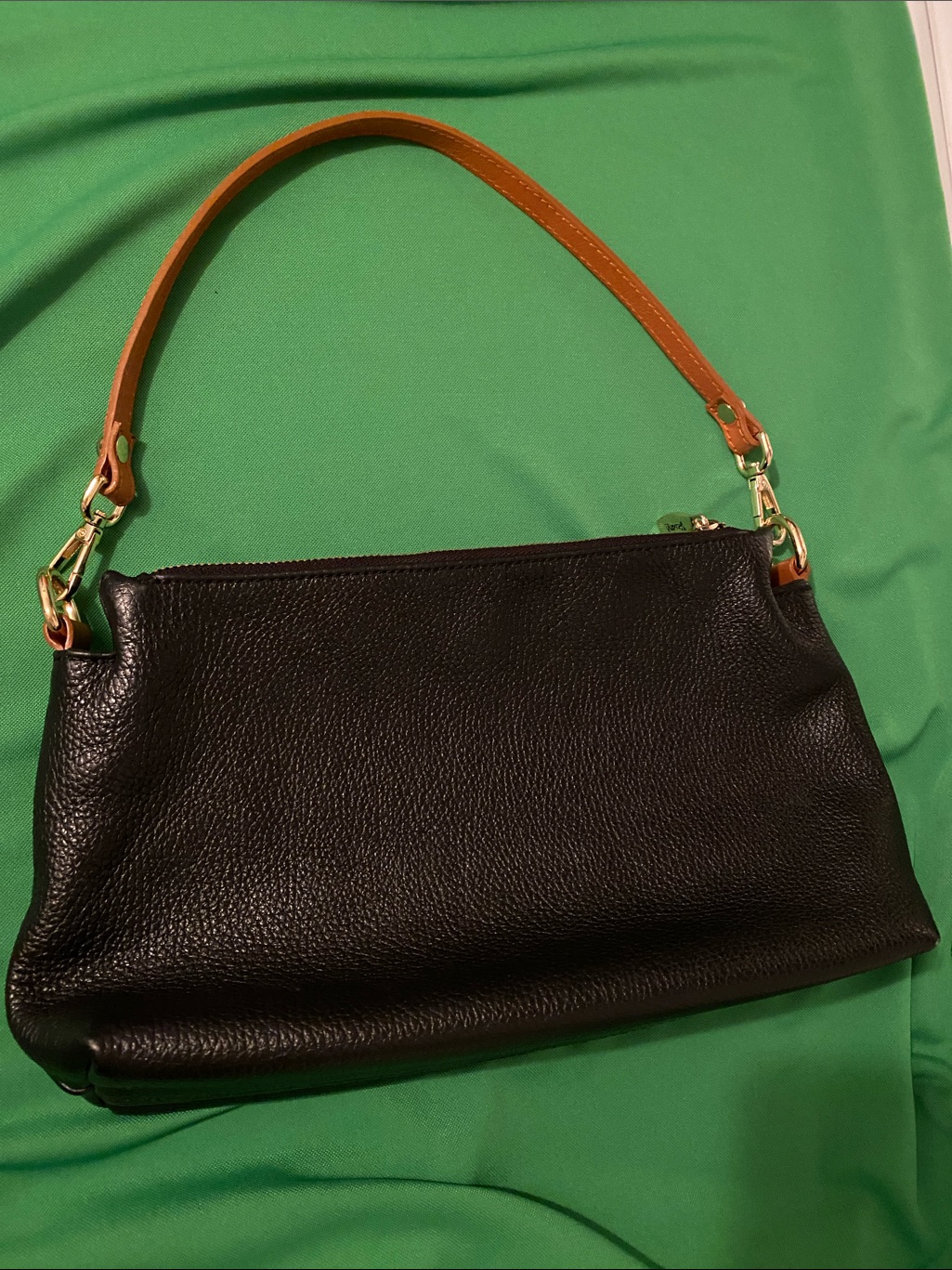Valentina Black Leather Shoulder Bag Purse Tote Tan Strap & Gold Zipper Italy